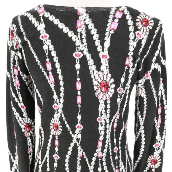 Cache Sweater Womens Medium Black Pink Low Cut Out Jewelry Print Pullover - Picture 9 of 11